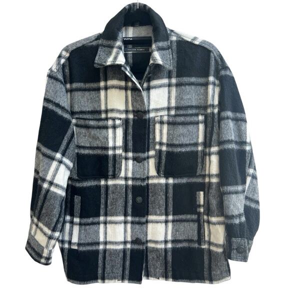 Zara Womens Oversized Plaid Shacket White Black Grey Sz XS Wool blend - Picture 1 of 5